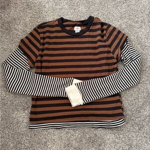 BDG Women's Long Sleeve Brown and Black Striped Tee